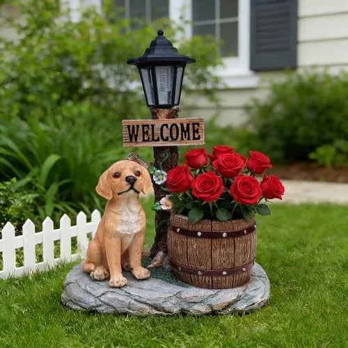 Schnauzer Dog Solar Planter Statue with LED Light, Outdoor Resin Garden Decor Weather Resistant