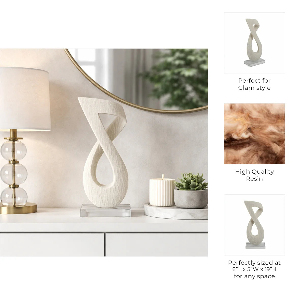 Modern Resin Quartz Twist Statue with Glass Base - 19" White